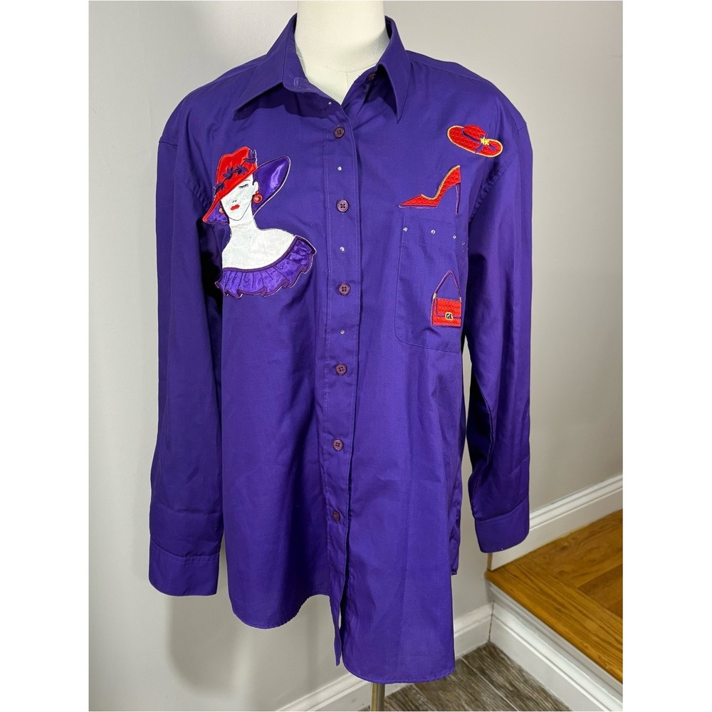 Vtg 1980s Get Lucky Purple Blouse Appliqué Red Hat Fashion Sz M Rhinestone